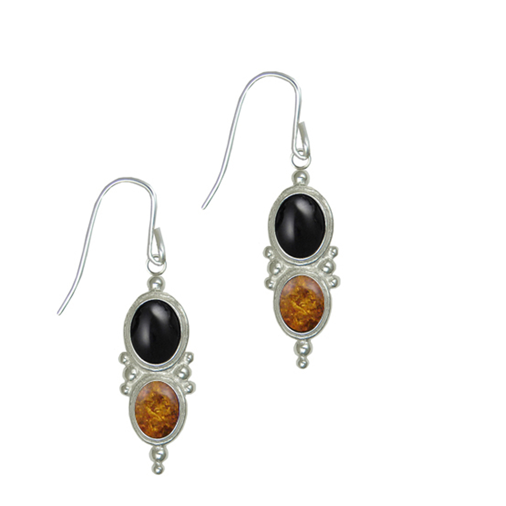 Sterling Silver Black Onyx And Amber Gemstone Drop Dangle Earrings